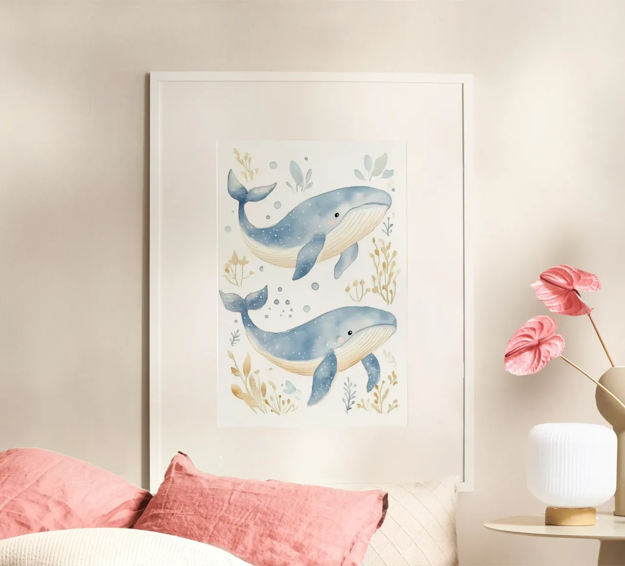 Balene acquerello poster con telaio in legno da Jungle Joy Art