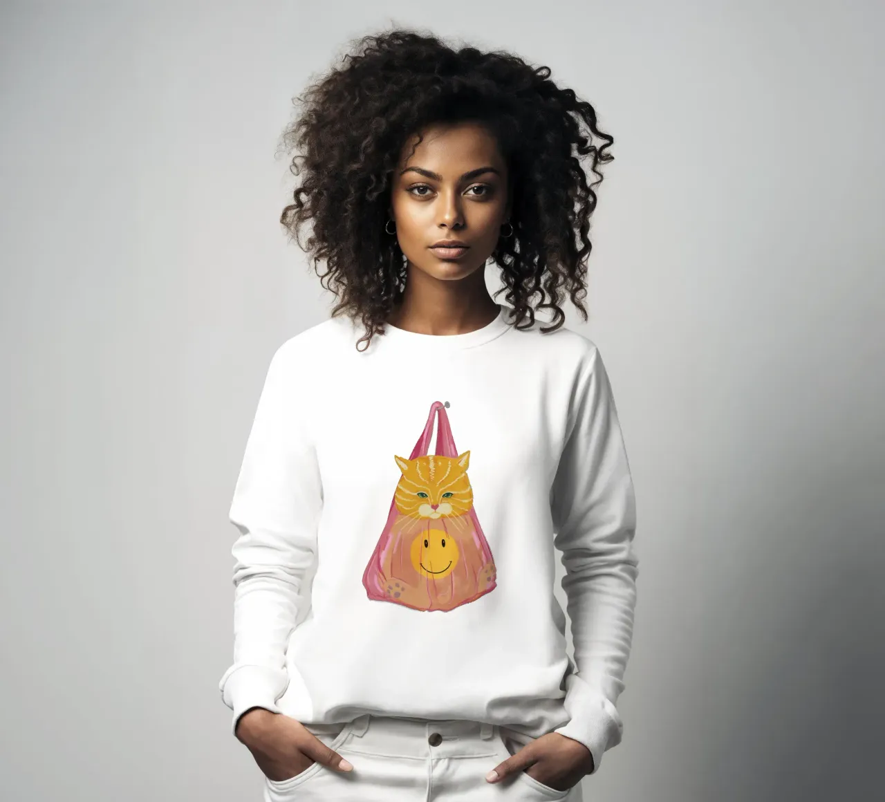 Kat in een zak sweatshirt van Illustration Raissa Oltmanns