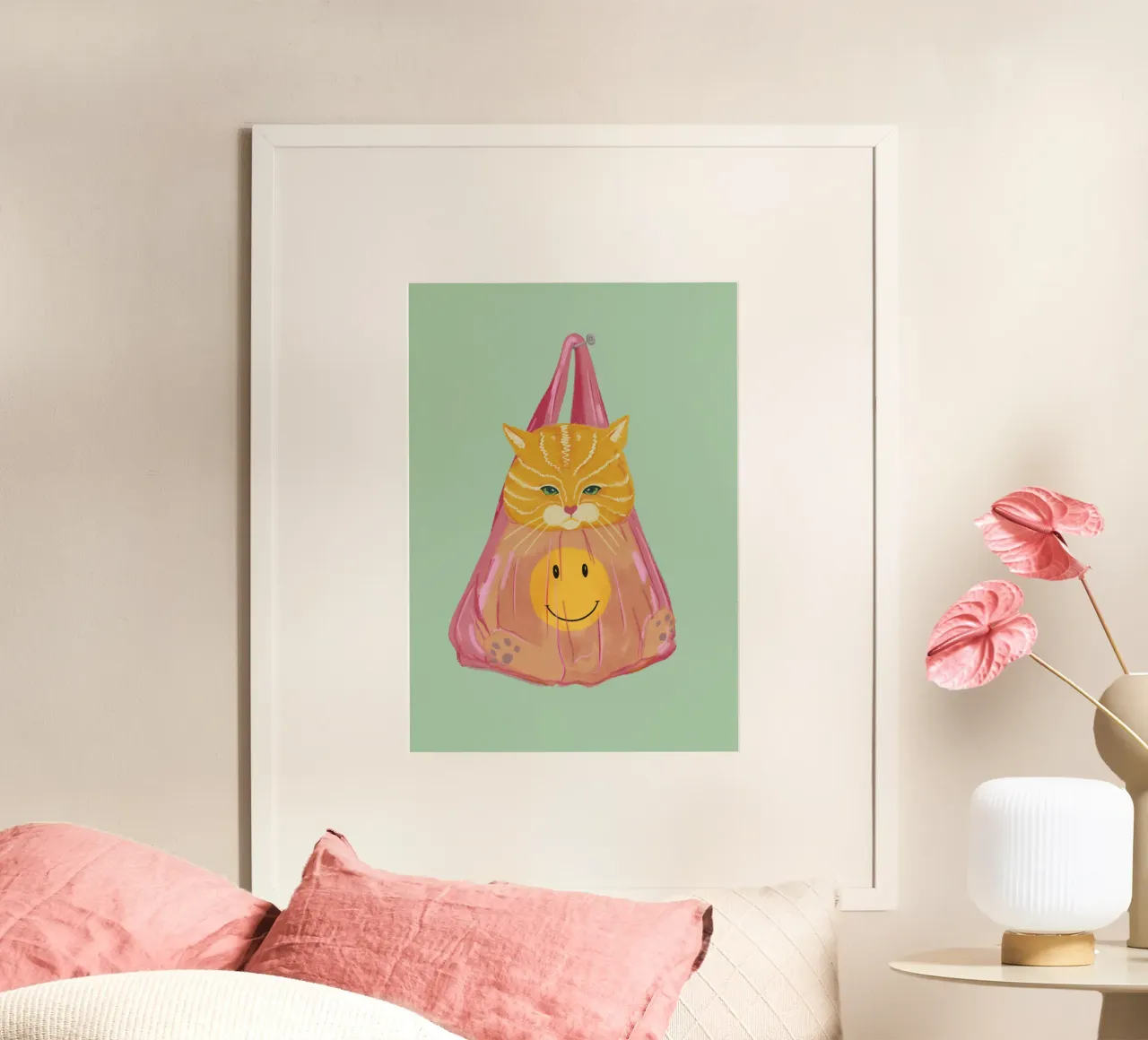 Gatto in borsa poster con telaio in legno da Illustration Raissa Oltmanns