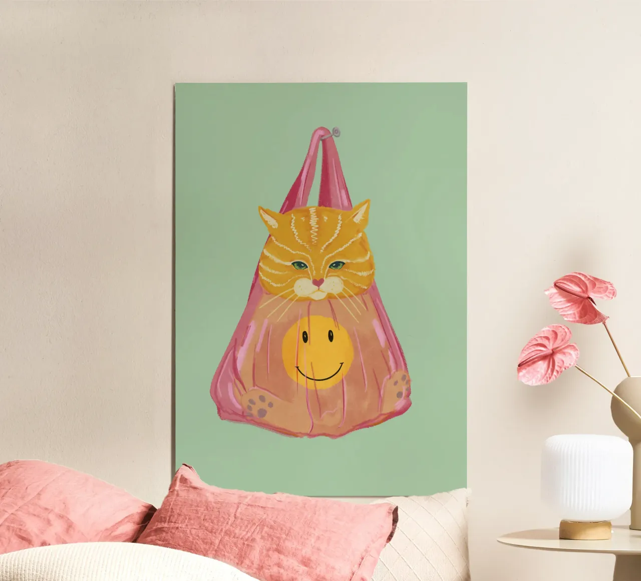 Gatto in borsa poster con telaio in legno da Illustration Raissa Oltmanns