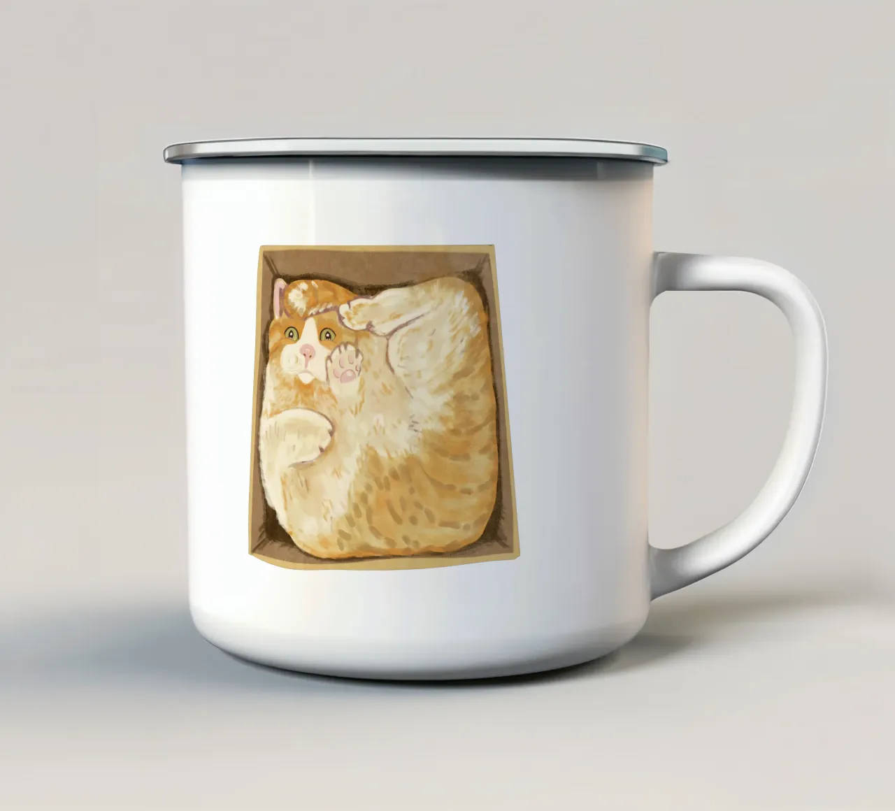 Gato en una caja taza de esmalte de Illustration Raissa Oltmanns