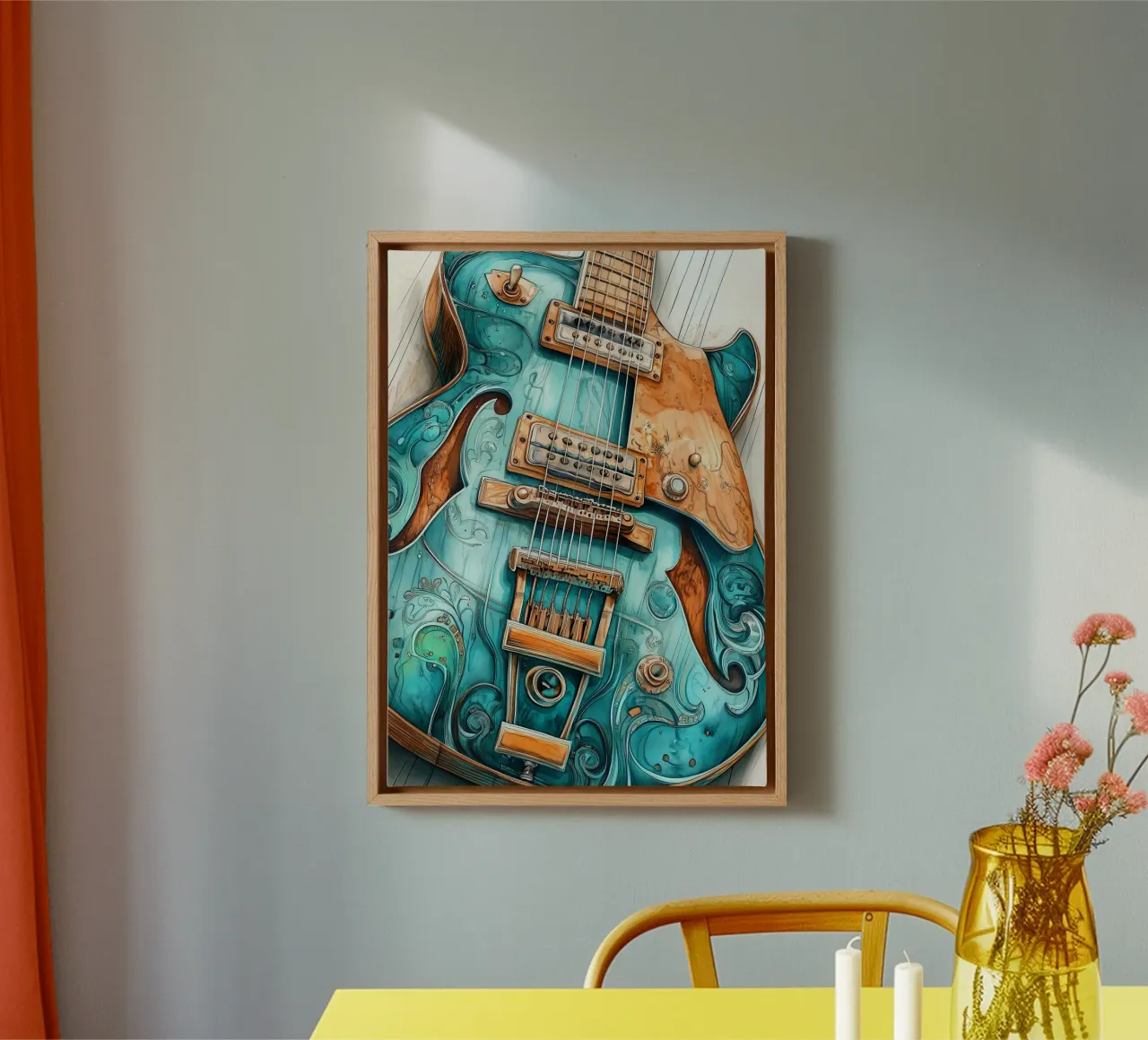 Blaue Gitarre Musik Aquarellmalerei Leinwand mit Schattenfugenrahmen von Justyna Jaszke JBJart