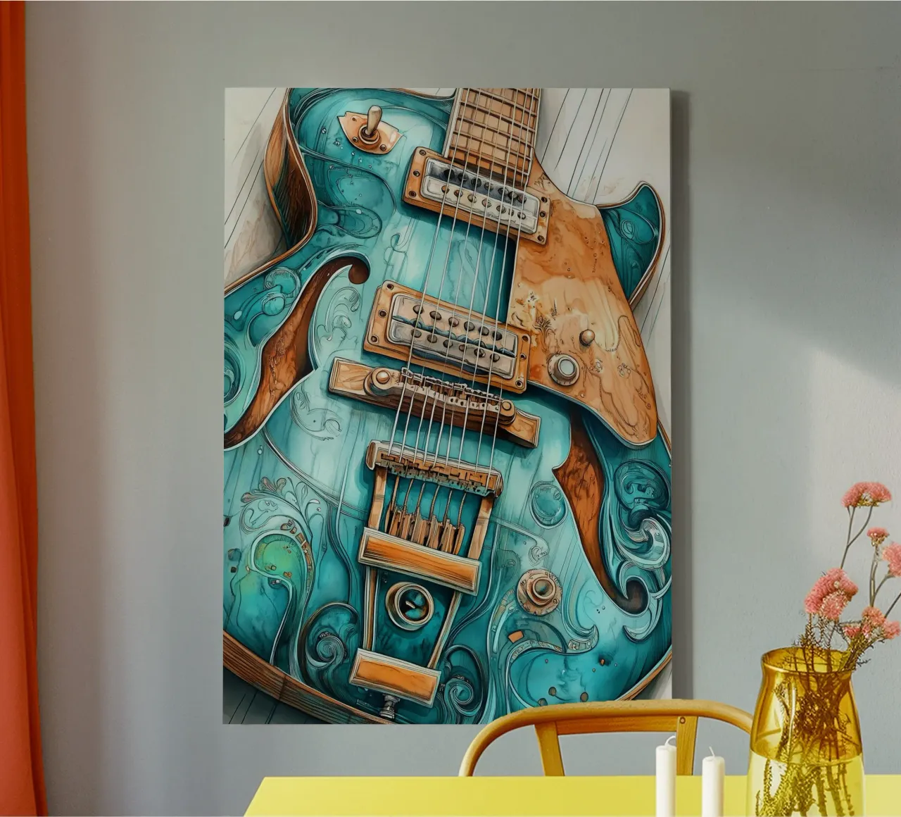 Blaue Gitarre Musik Aquarellmalerei Leinwand mit Schattenfugenrahmen von Justyna Jaszke JBJart