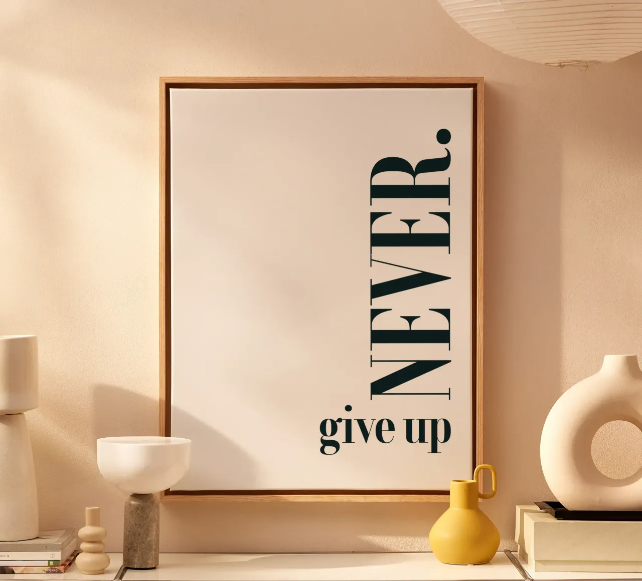 Never Give Up Modern Minimalist Typography canvas with Floater frame by YV TYPOGRAPHY