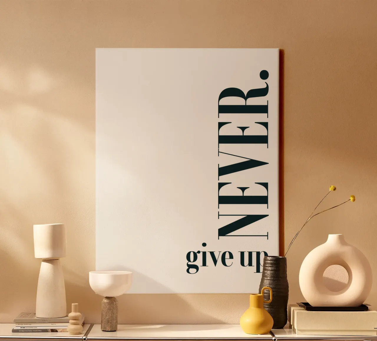 Never Give Up Modern Minimalist Typography canvas with Floater frame by YV TYPOGRAPHY