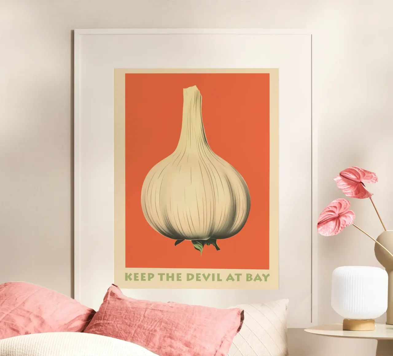 Aglio | Tiene a bada il diavolo | Manifesto della cucina poster con telaio in alluminio da Autofocus
