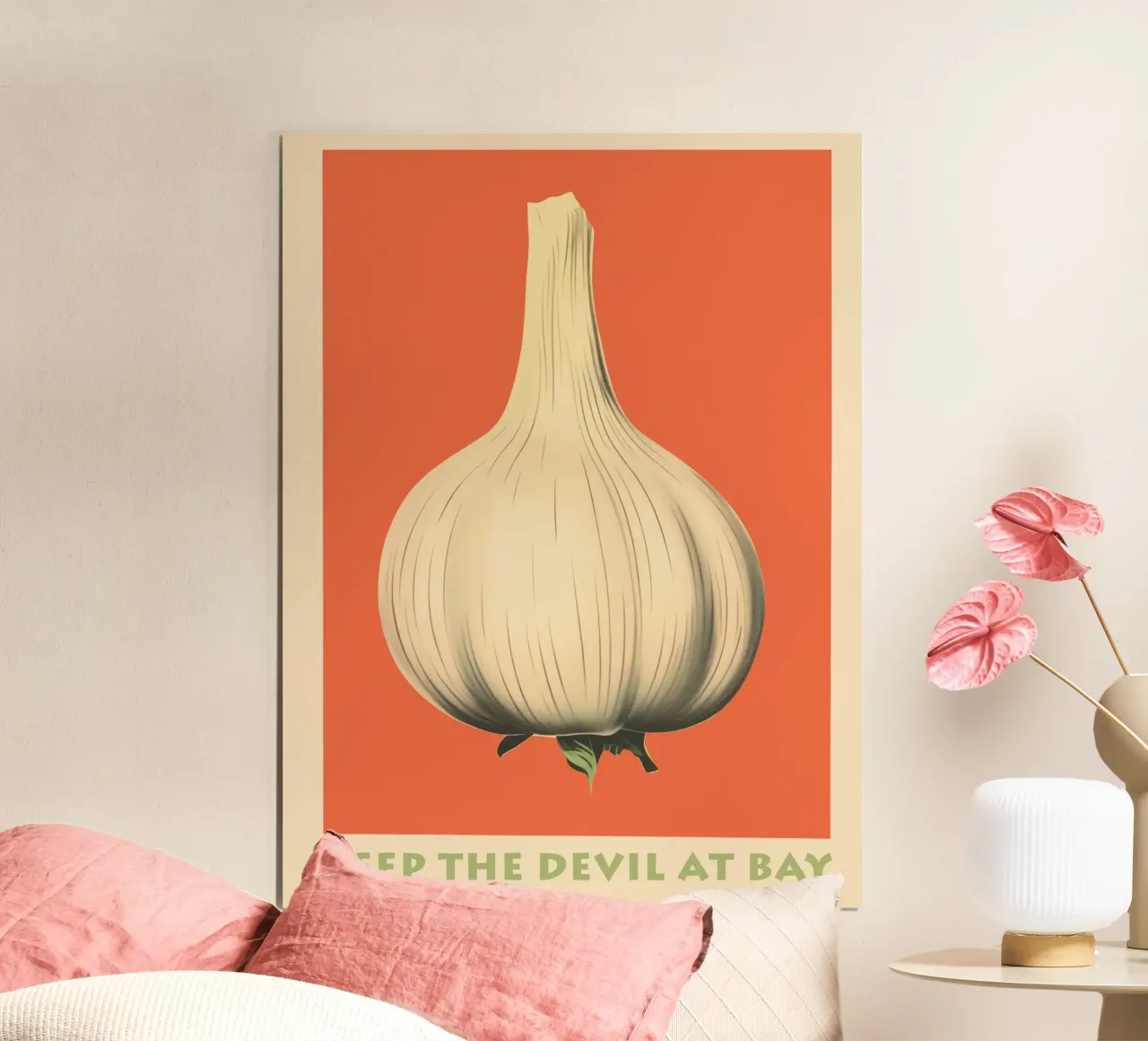 Aglio | Tiene a bada il diavolo | Manifesto della cucina poster con telaio in alluminio da Autofocus