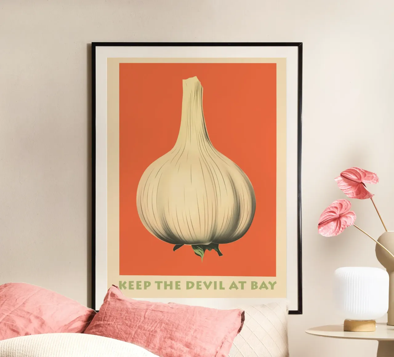 Aglio | Tiene a bada il diavolo | Manifesto della cucina poster con telaio in alluminio da Autofocus