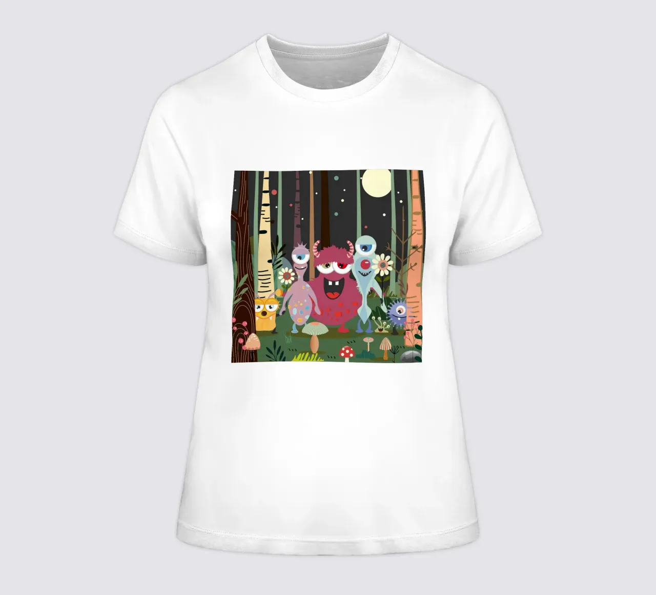 Un groupe de monstres joyeux dans une forêt enchantée t-shirt ajusté pour femmes de namosh