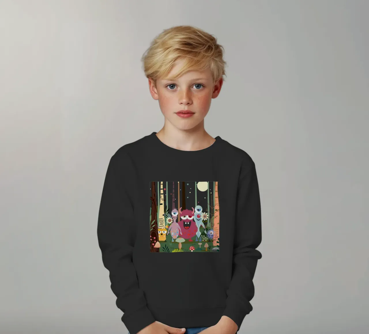 Un groupe de monstres joyeux dans une forêt enchantée sweat enfant de namosh