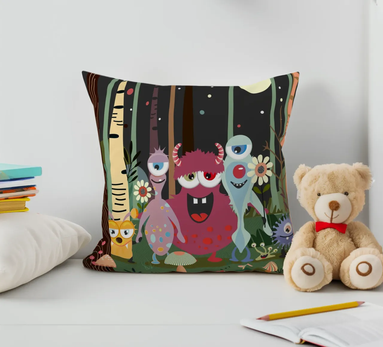 Cheerful group of monsters in a magical forest decorative cushion by namosh