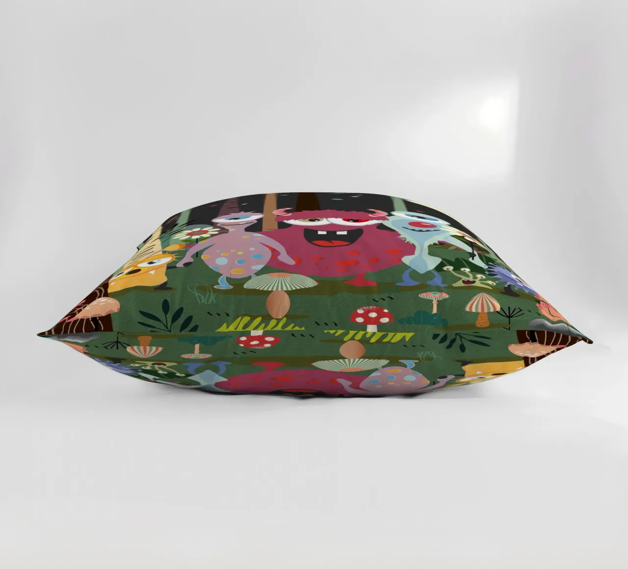 Cheerful group of monsters in a magical forest decorative cushion by namosh