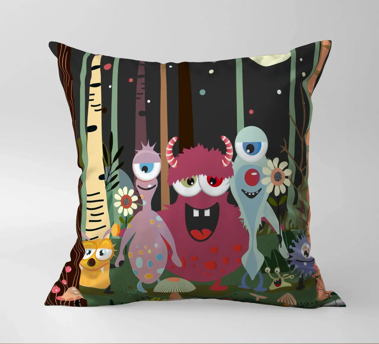 Cheerful group of monsters in a magical forest decorative cushion by namosh