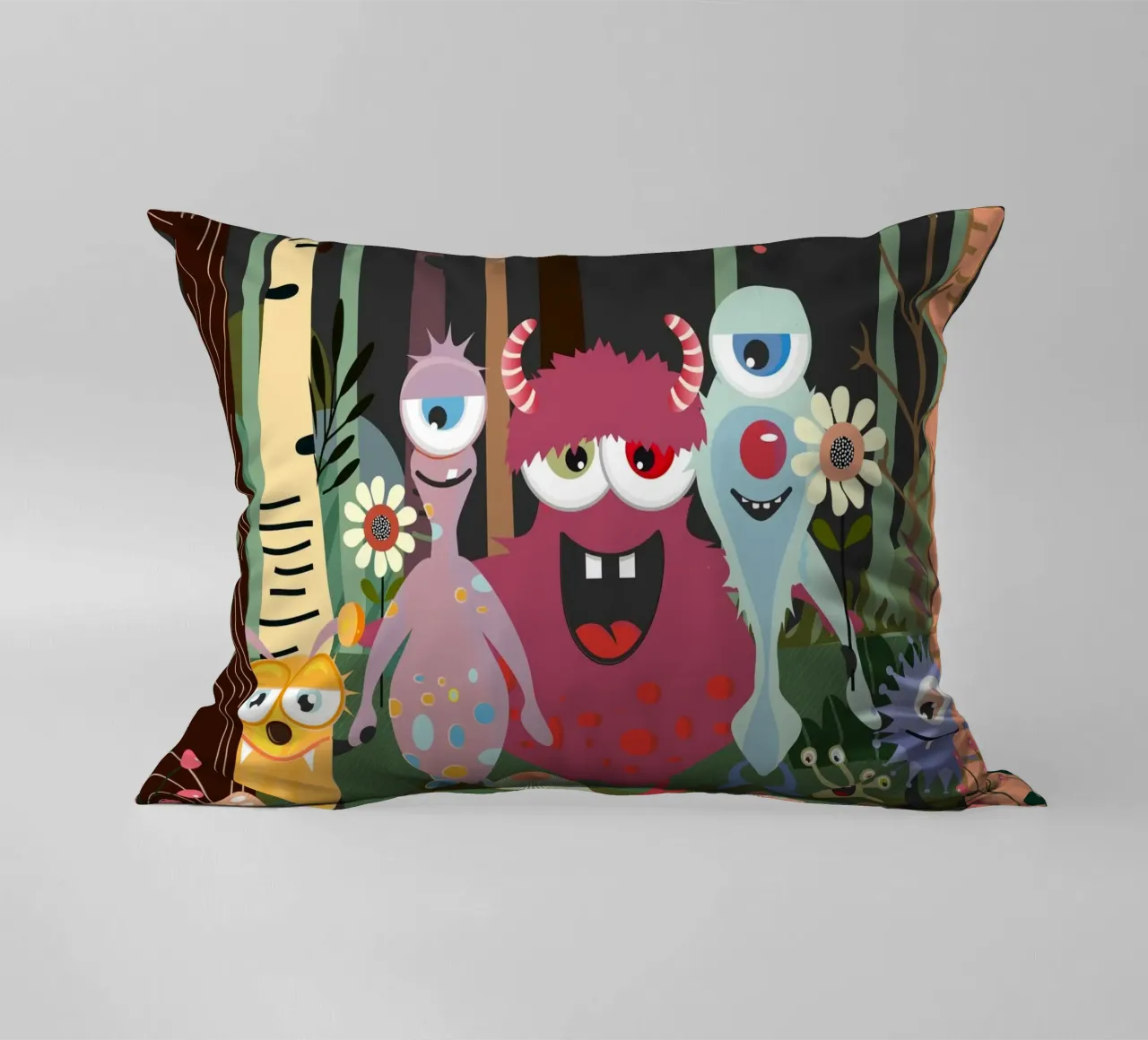 Cheerful group of monsters in a magical forest decorative cushion by namosh