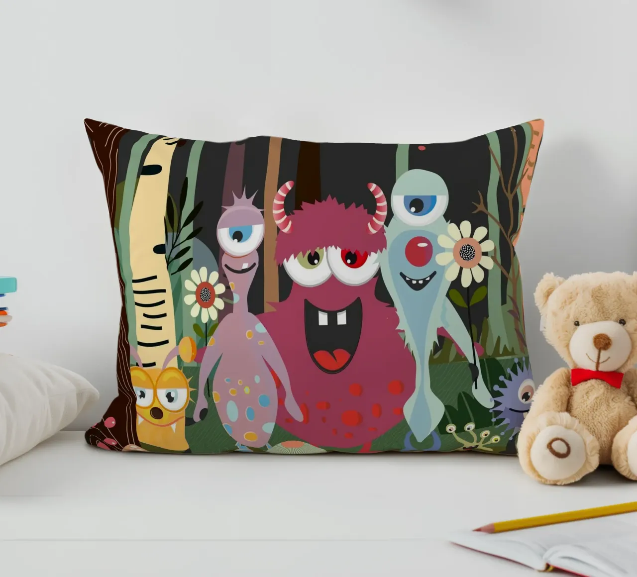 Cheerful group of monsters in a magical forest decorative cushion by namosh