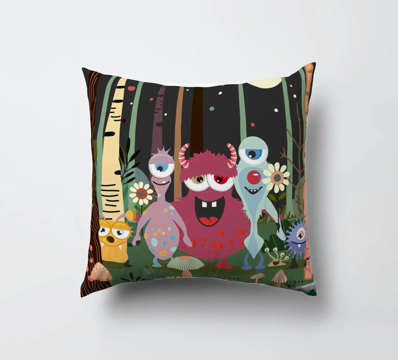 Cheerful group of monsters in a magical forest decorative cushion by namosh