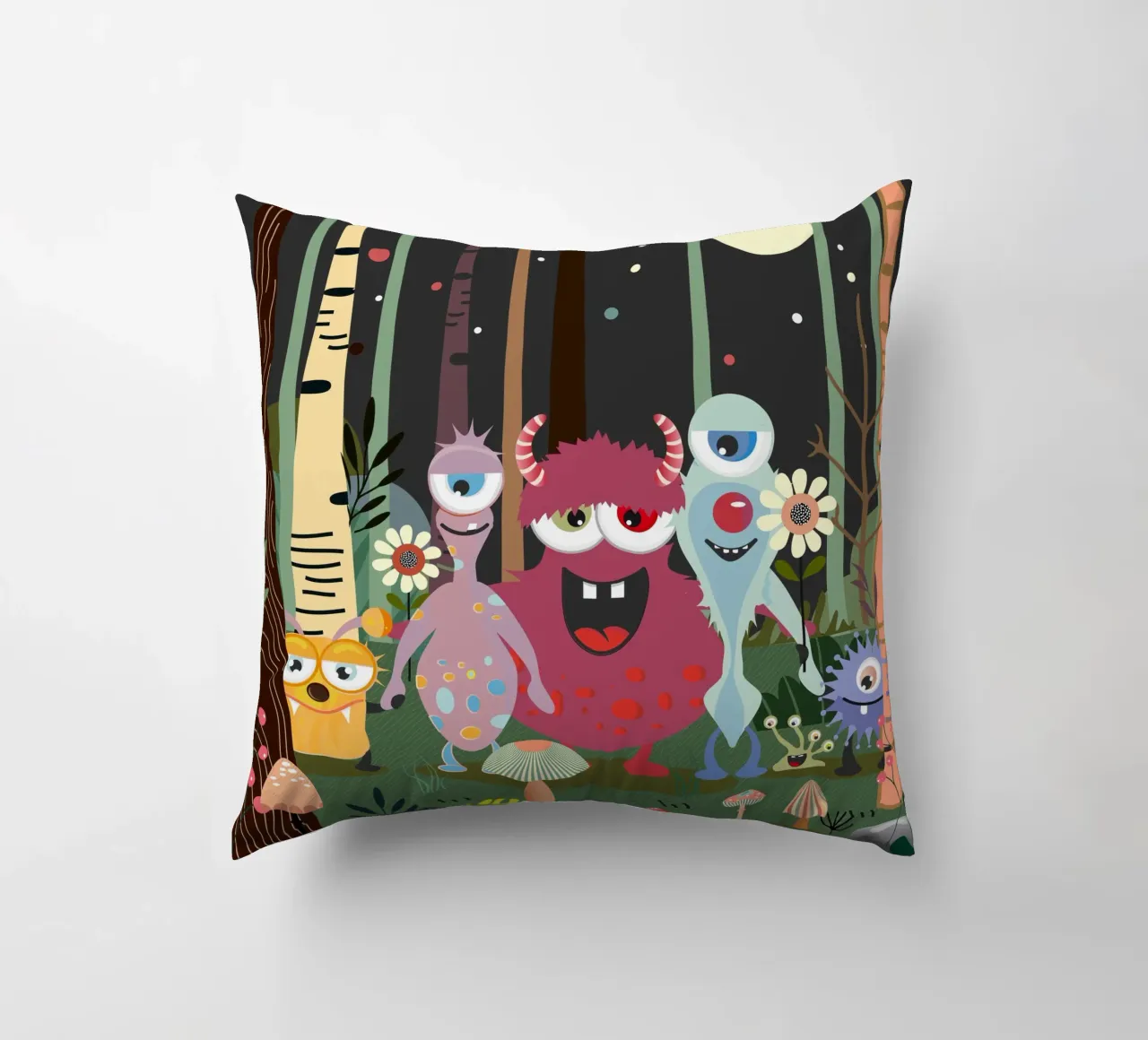 Cheerful group of monsters in a magical forest decorative cushion by namosh