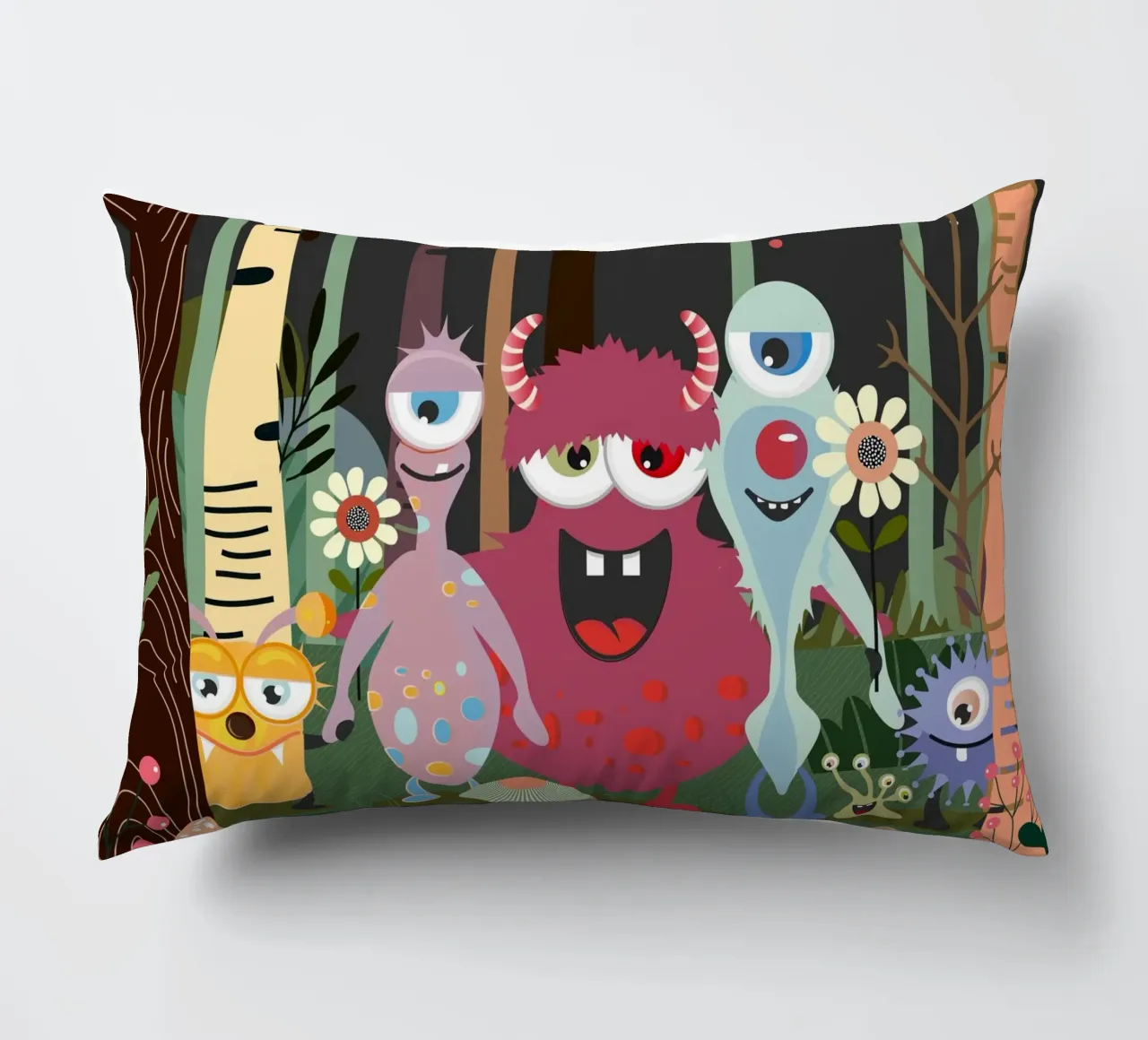 Cheerful group of monsters in a magical forest decorative cushion by namosh