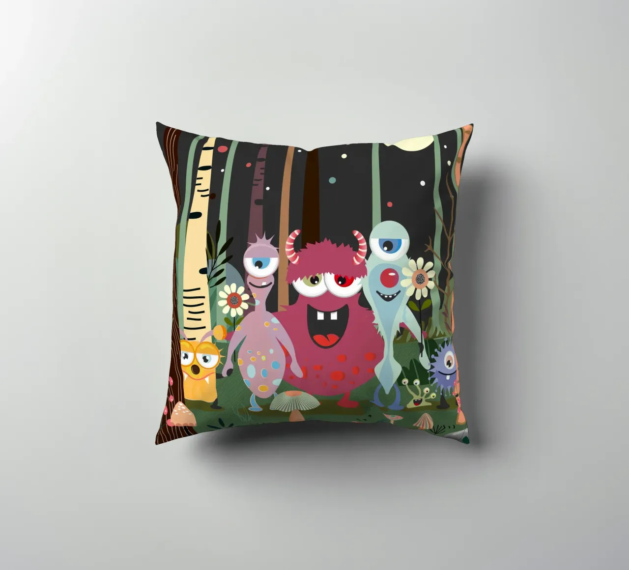 Cheerful group of monsters in a magical forest decorative cushion by namosh