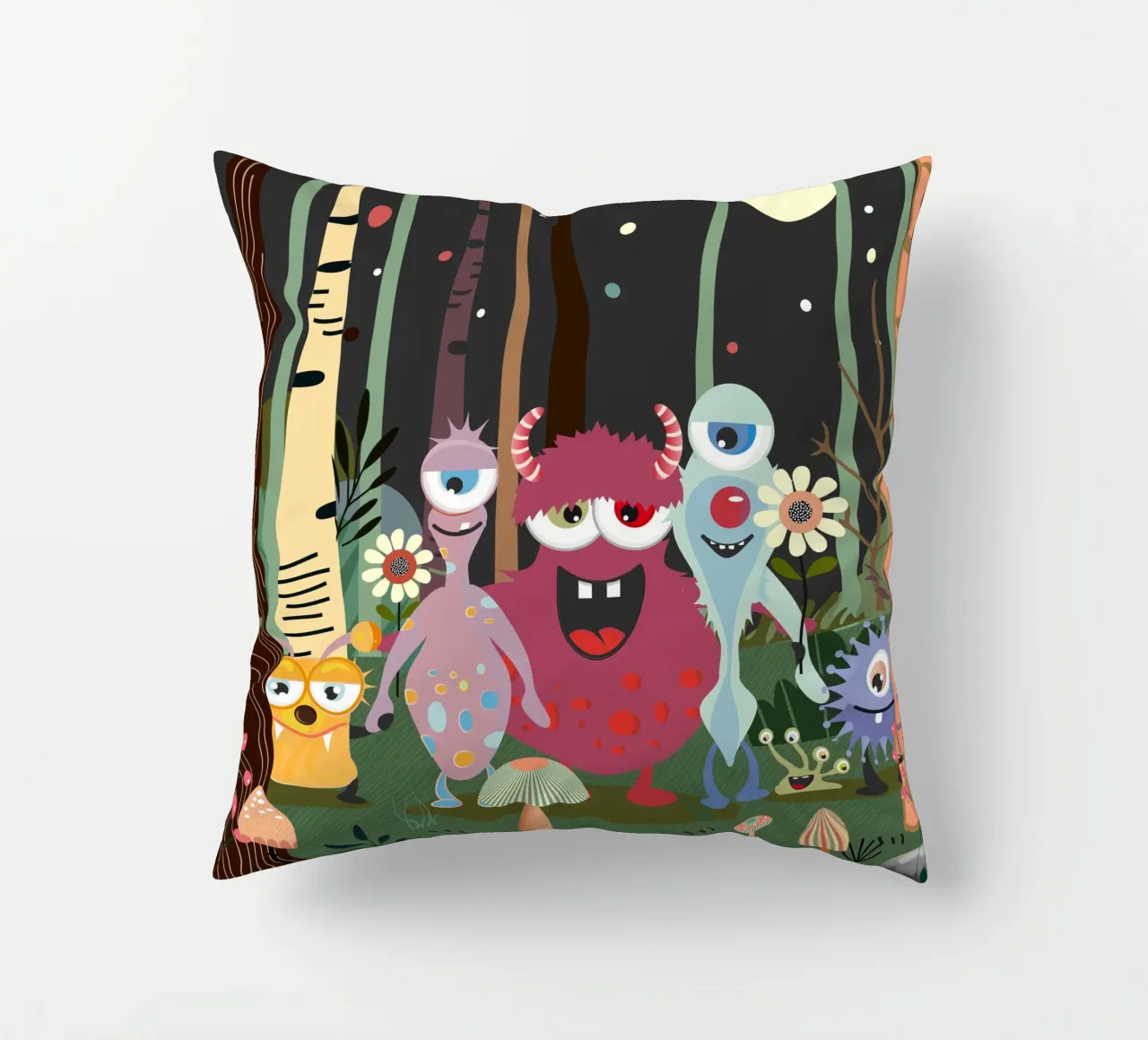 Cheerful group of monsters in a magical forest decorative cushion by namosh