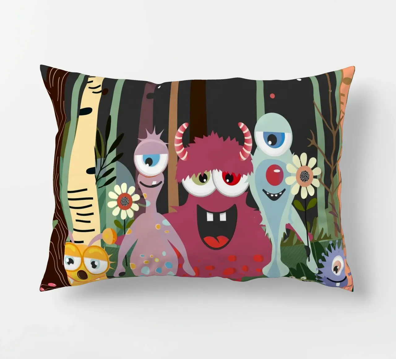 Cheerful group of monsters in a magical forest decorative cushion by namosh