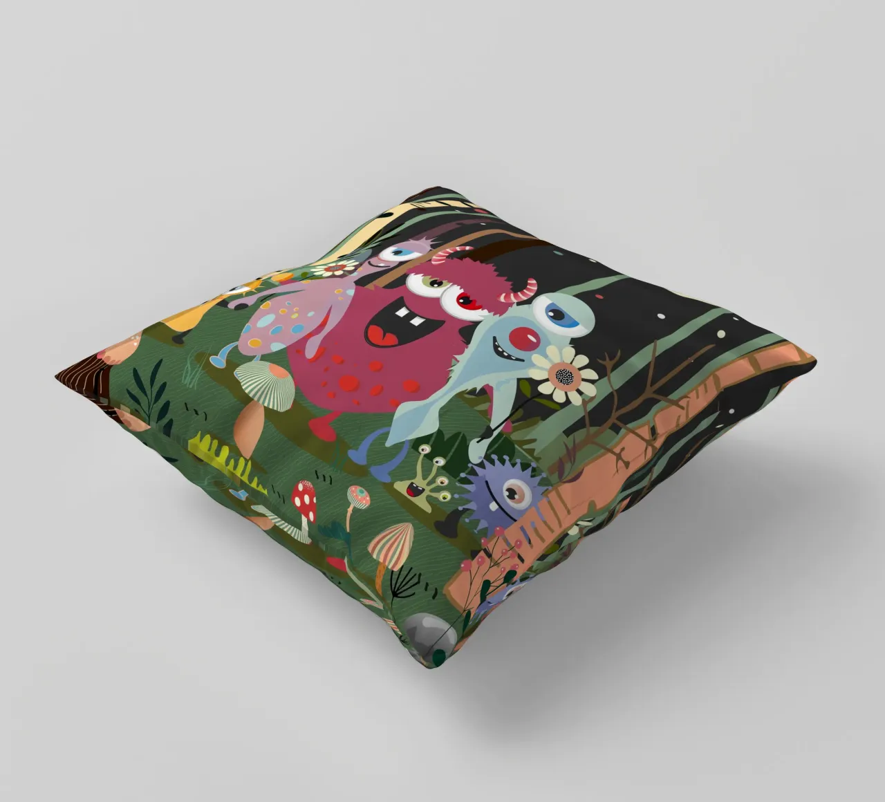 Cheerful group of monsters in a magical forest decorative cushion by namosh