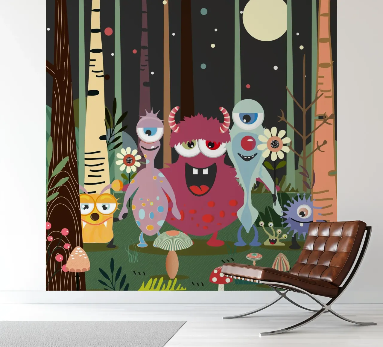 Un groupe de monstres joyeux dans une forêt enchantée papier peint photo de namosh