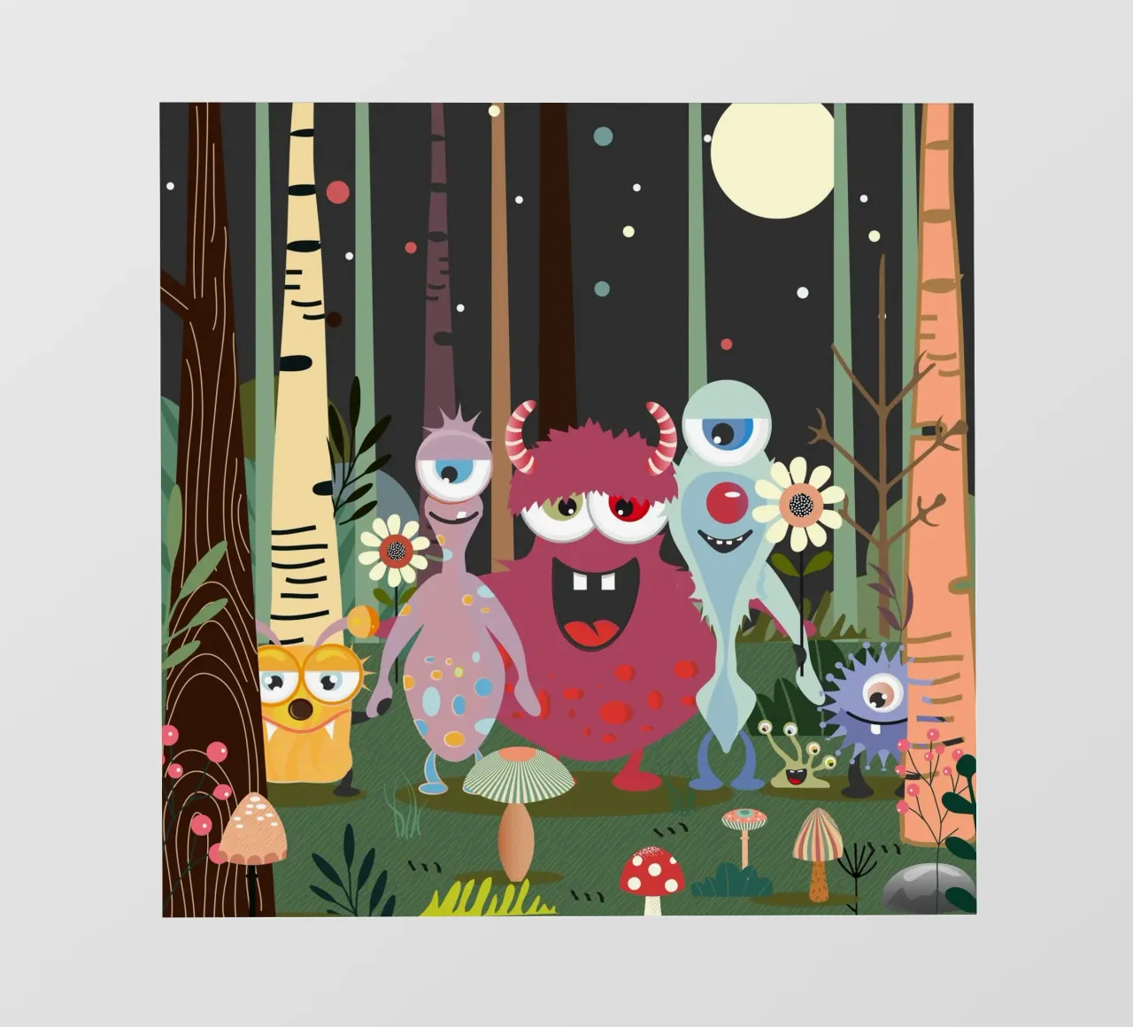 Un groupe de monstres joyeux dans une forêt enchantée papier peint photo de namosh