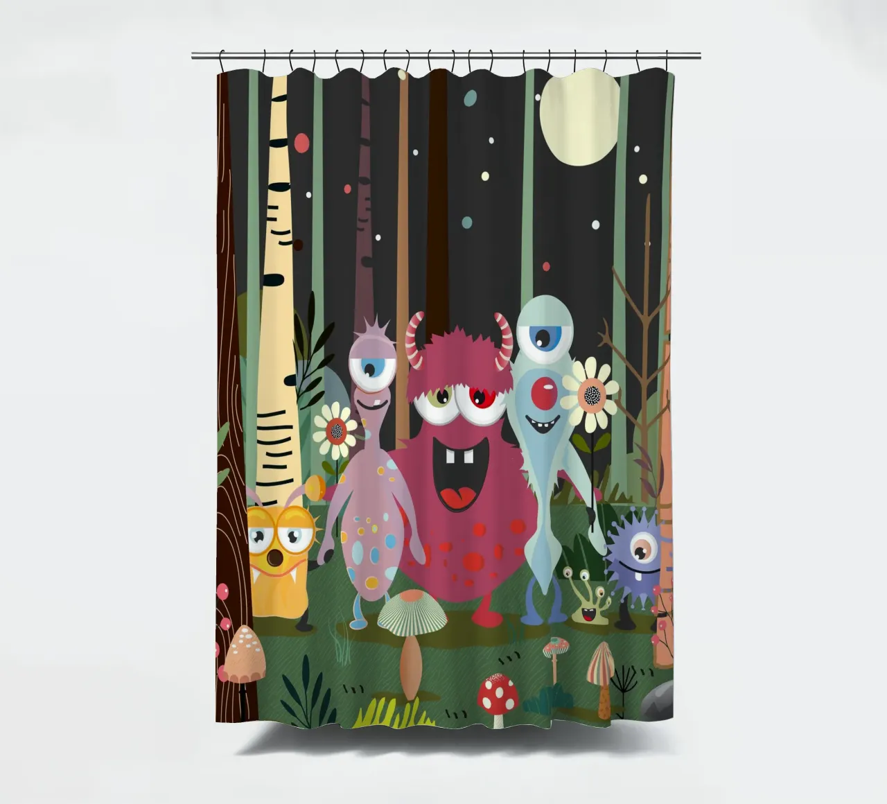 Un groupe de monstres joyeux dans une forêt enchantée rideau de douche de namosh