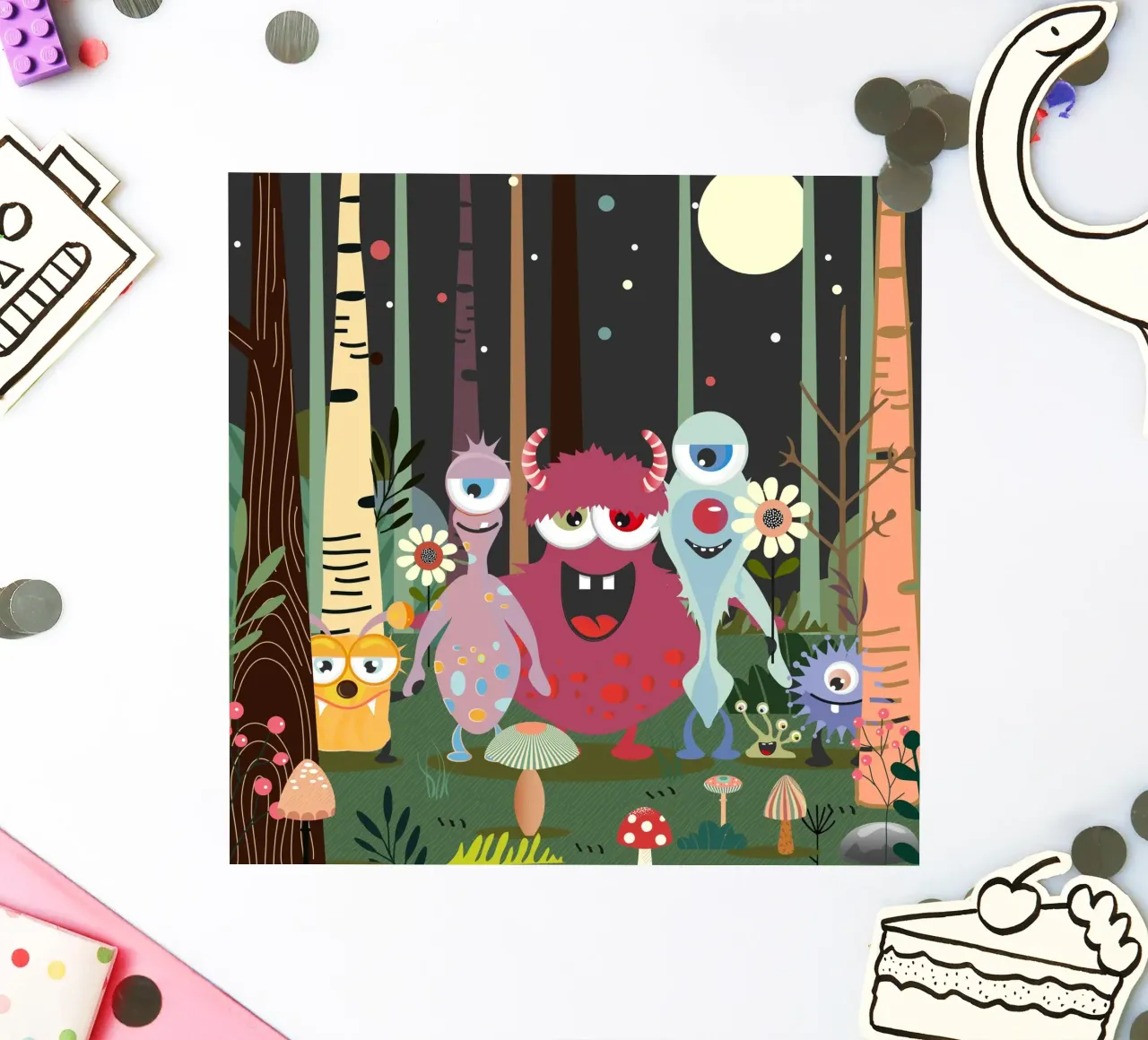 Un groupe de monstres joyeux dans une forêt enchantée autocollant de namosh