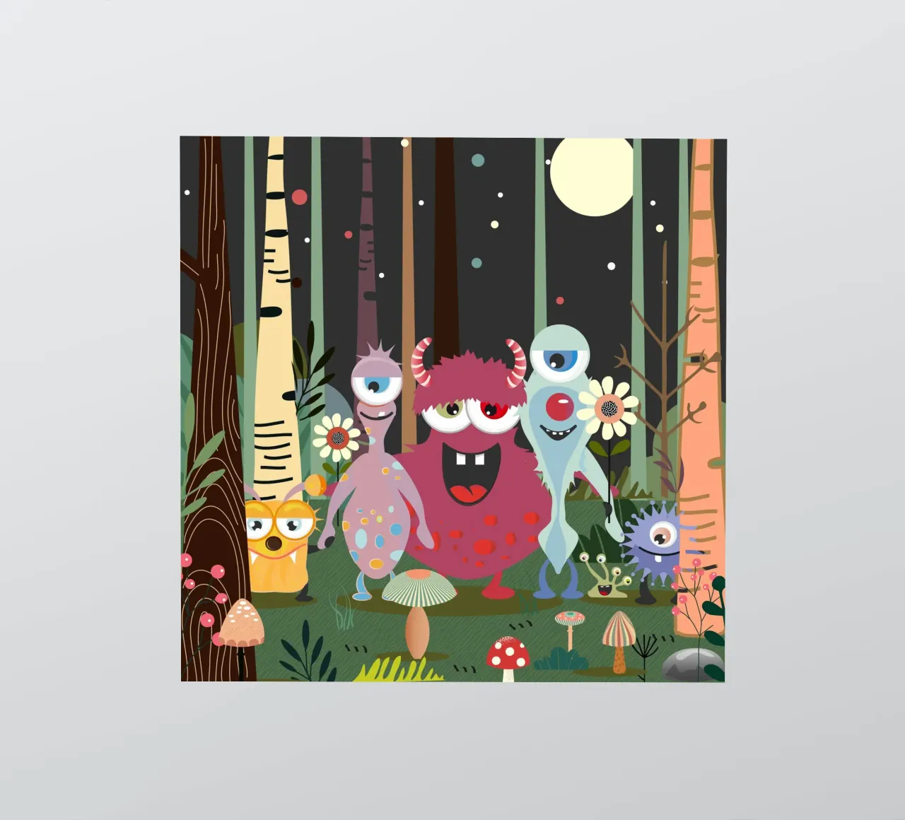 Un groupe de monstres joyeux dans une forêt enchantée autocollant de namosh