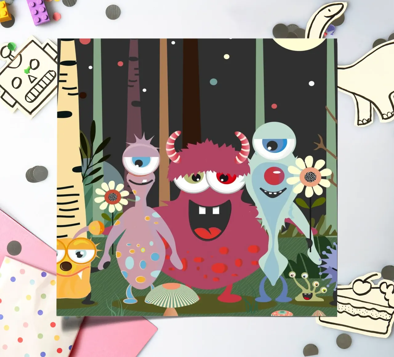 Un groupe de monstres joyeux dans une forêt enchantée planche autocollant de namosh
