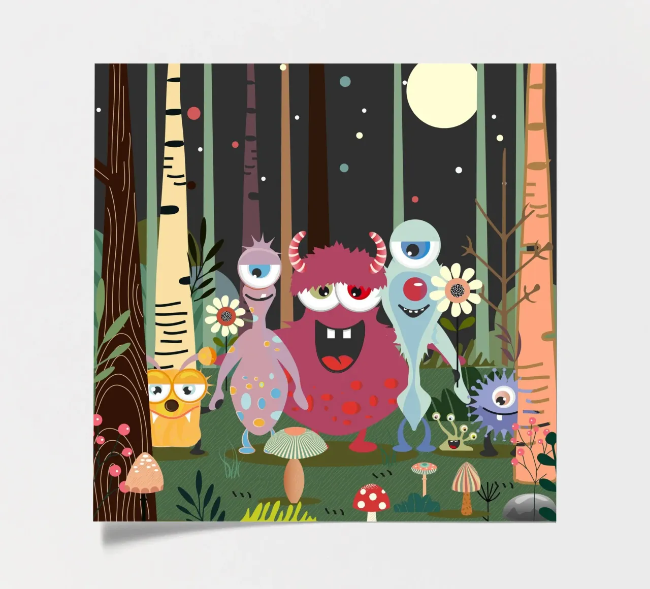 Un groupe de monstres joyeux dans une forêt enchantée planche autocollant de namosh