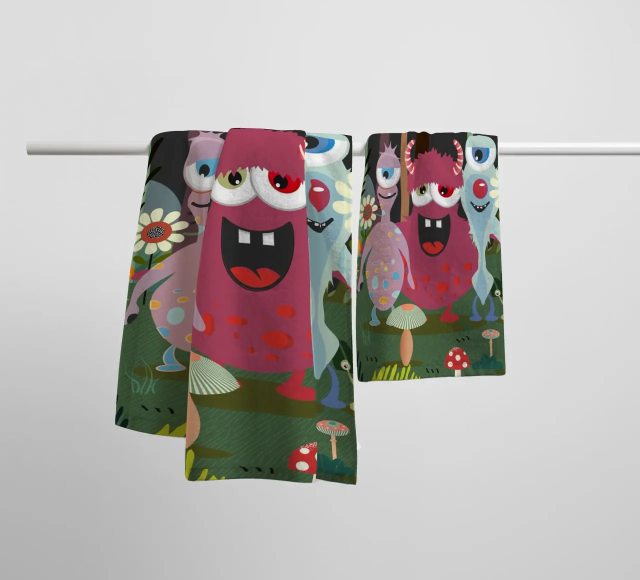 Un groupe de monstres joyeux dans une forêt enchantée serviette de bain de namosh