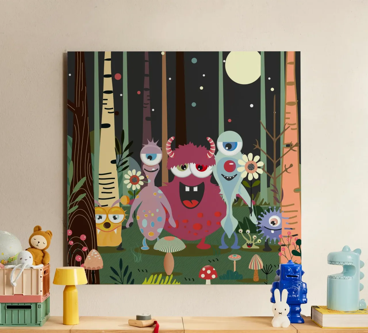 Un groupe de monstres joyeux dans une forêt enchantée alu dibond de namosh