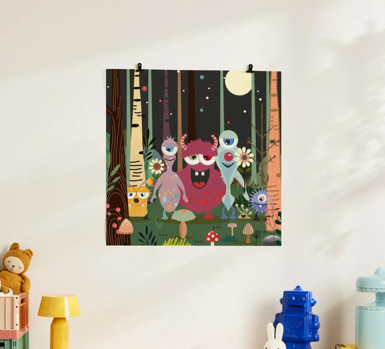 Un groupe de monstres joyeux dans une forêt enchantée poster de namosh