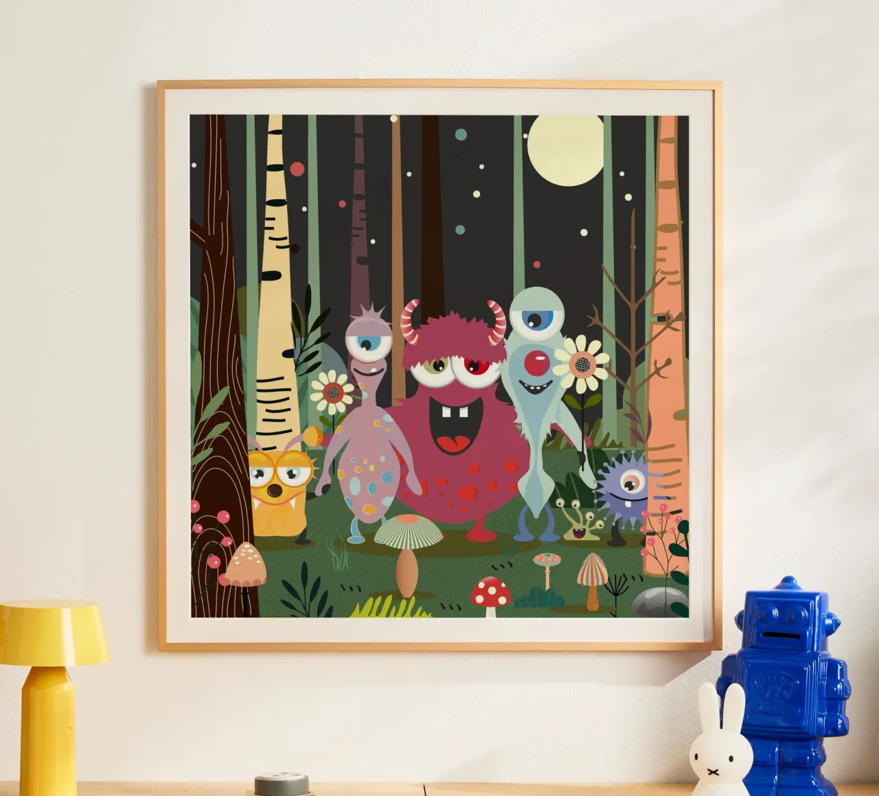 Un groupe de monstres joyeux dans une forêt enchantée poster de namosh