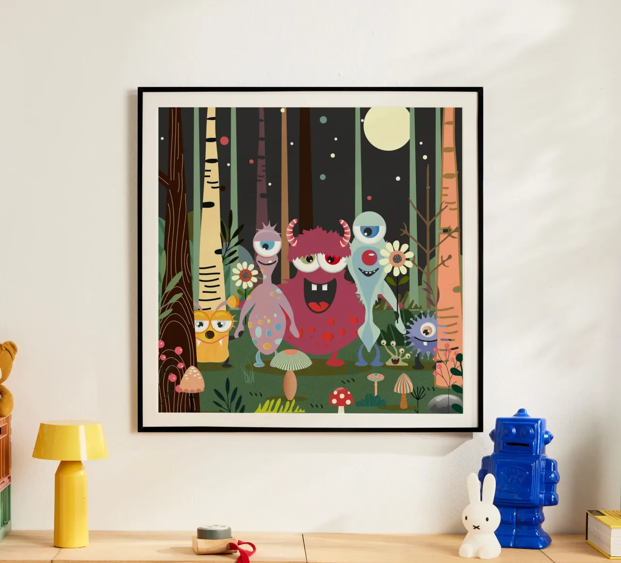 Un groupe de monstres joyeux dans une forêt enchantée poster de namosh
