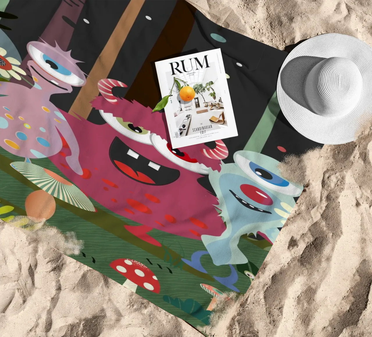 Un groupe de monstres joyeux dans une forêt enchantée serviette de plage de namosh