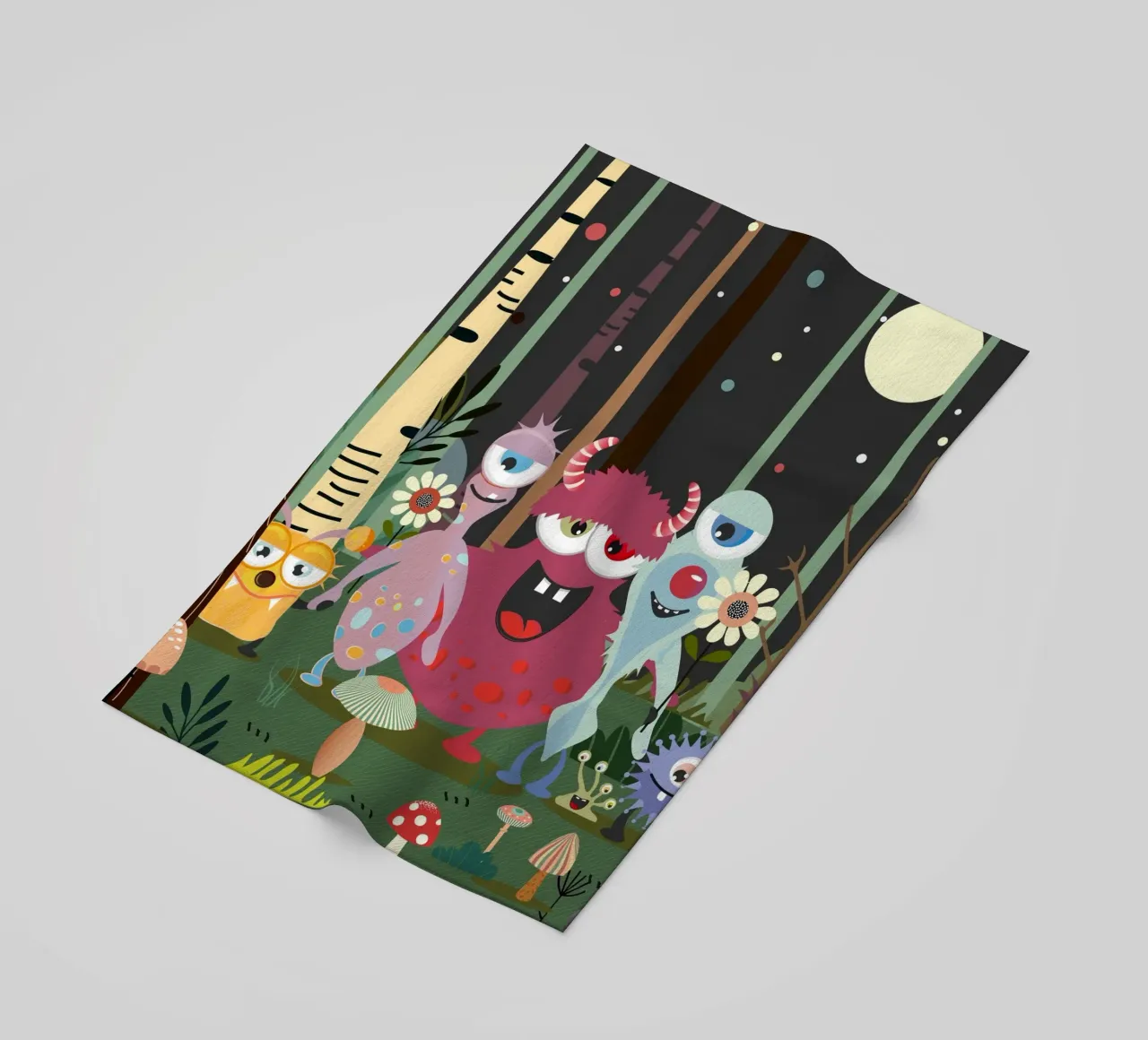 Un groupe de monstres joyeux dans une forêt enchantée serviette de plage de namosh