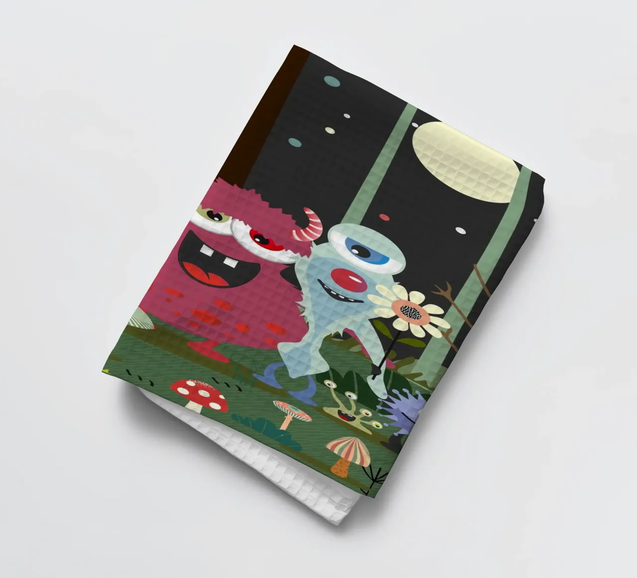 Un groupe de monstres joyeux dans une forêt enchantée torchon de namosh