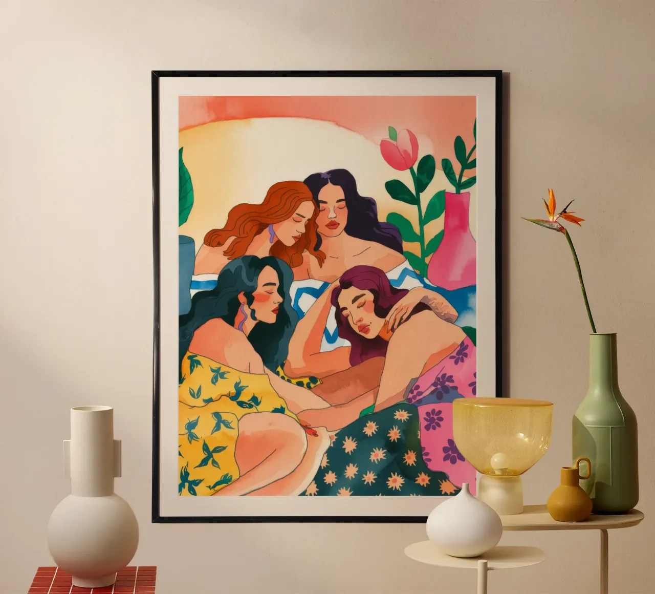 La compagnia sotto il sole poster con telaio in plastica da Artie Shifa