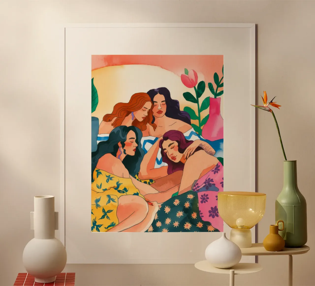 La compagnia sotto il sole poster con telaio in plastica da Artie Shifa