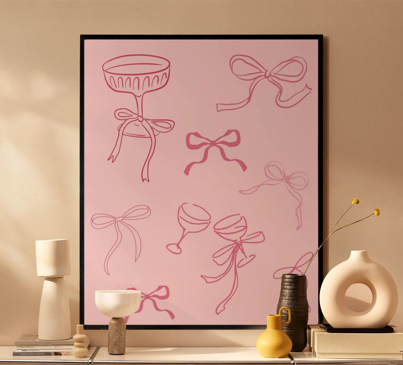 Cocktail, Lazo, Impresión Coqueta Rosa, Arte de Pared, Pegatinas Bonitas poster con marco de madera de Coquette Club