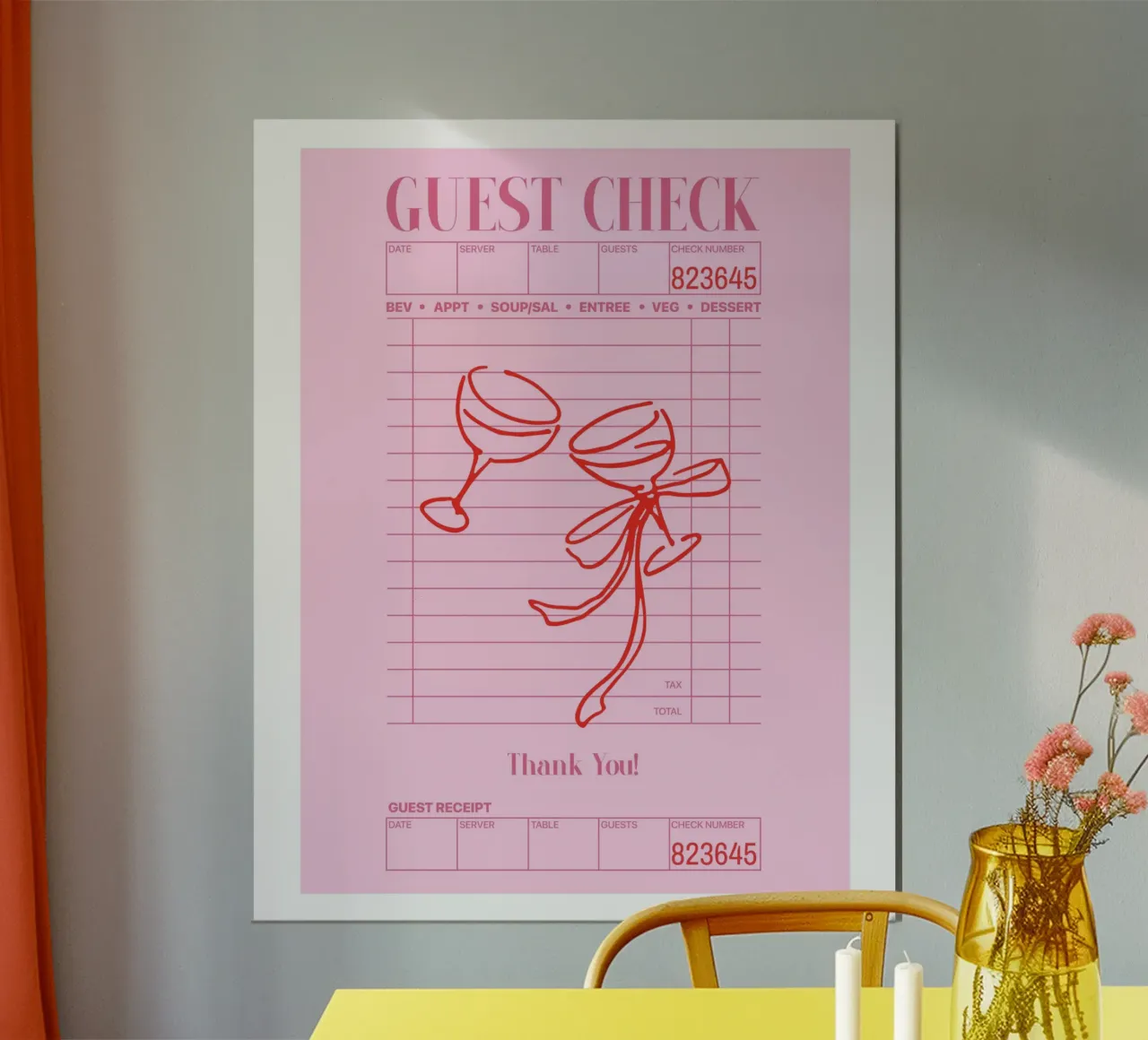 Guest Check Cocktail Print, Pink Poster, Cute Preppy Print poster with aluminum frame by Coquette Club