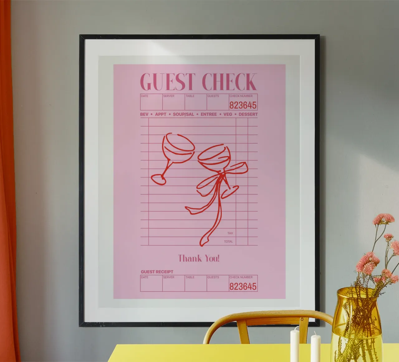 Guest Check Cocktail Print, Pink Poster, Cute Preppy Print poster with aluminum frame by Coquette Club