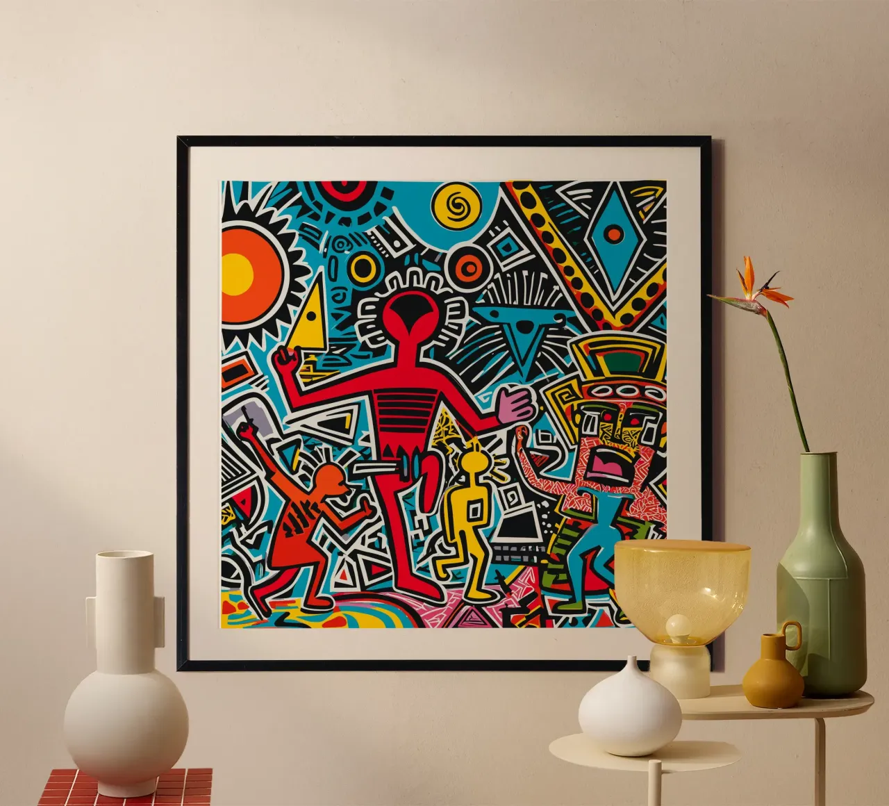Dancing in the Sun Tribal Graffiti Street Art poster with plastic frame by Signorino