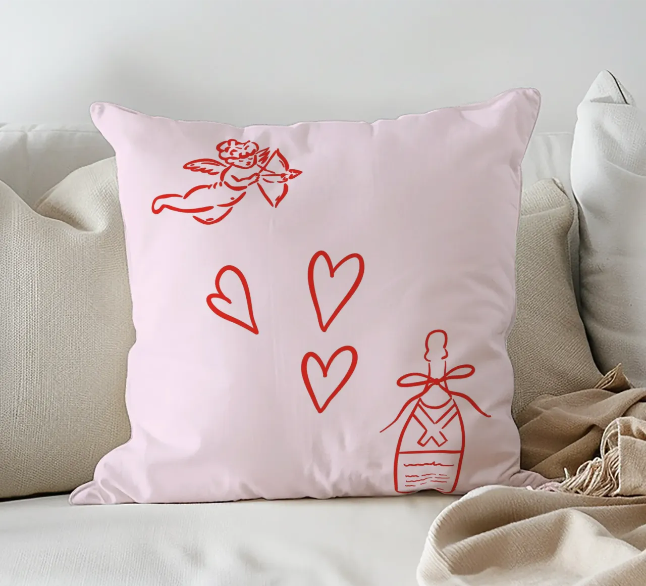 Cupid, Hearts, Champagne Drawing Illustration, Pink Wall Art decorative cushion by Coquette Club