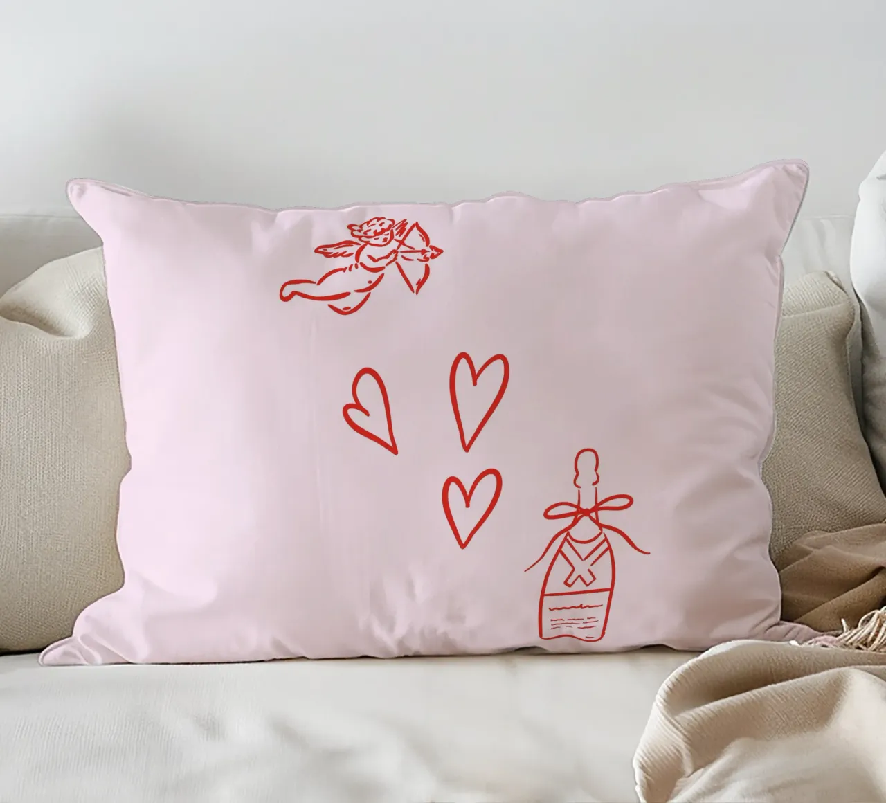 Cupid, Hearts, Champagne Drawing Illustration, Pink Wall Art decorative cushion by Coquette Club