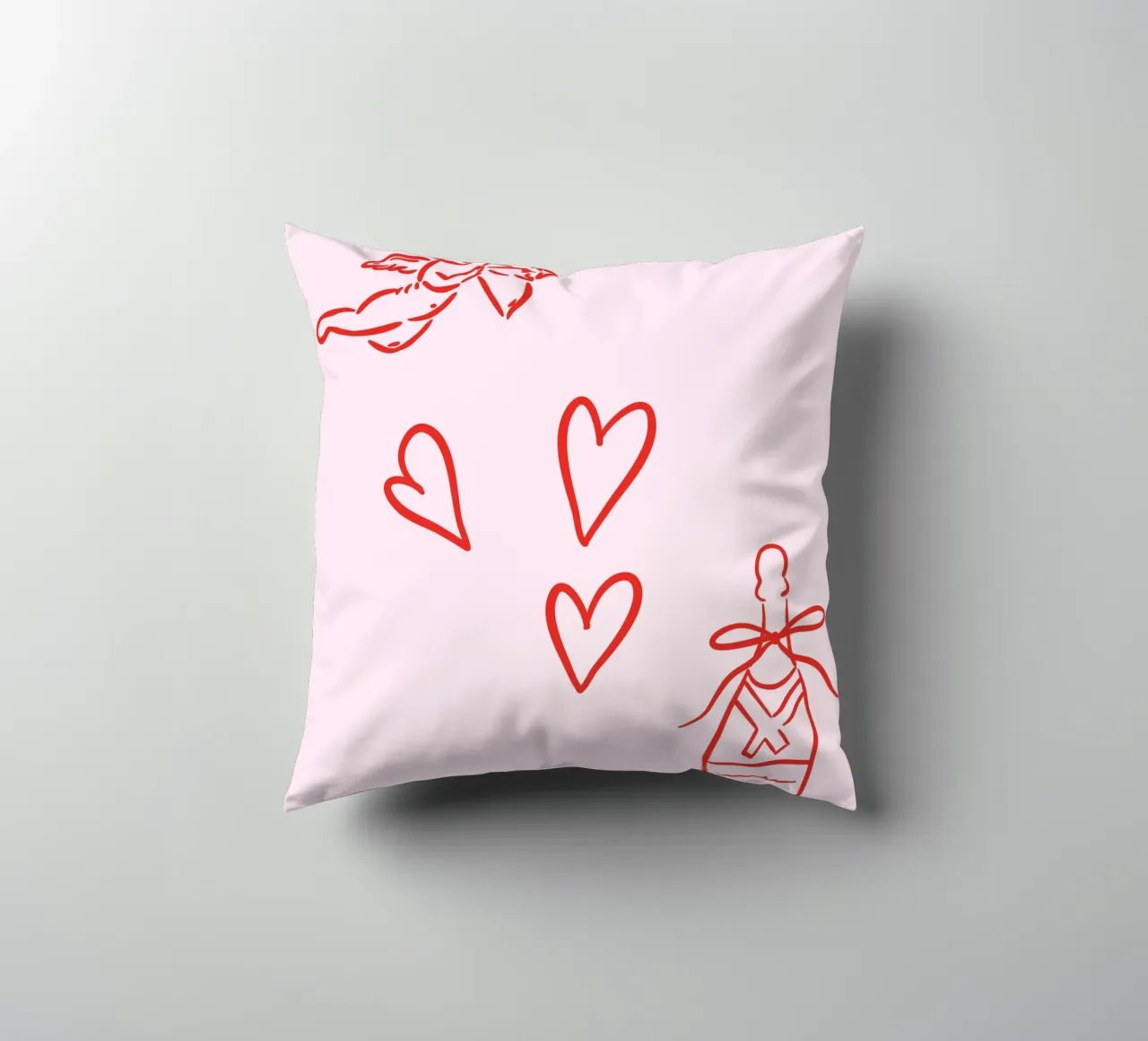 Cupid, Hearts, Champagne Drawing Illustration, Pink Wall Art decorative cushion by Coquette Club